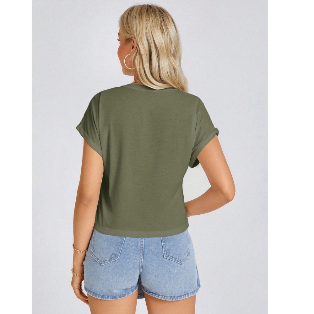 Army Green Crew Neck Muscle Tee Top Shirt Cap Sleeve, Round Neck - Picture 3 of 12